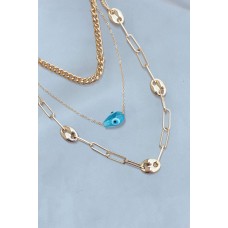 Taş Detaylı Nazar Boncuğu Tasarımlı Gold Metal Çoklu Kolye Taş Detaylı Nazar Boncuğu Tasarımlı Gold Metal Çoklu Kolye