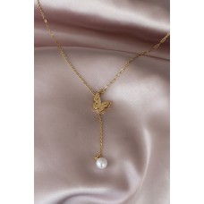 Çelik Altın Renk İnci Detaylı Kelebek Tasarımlı Kadın Kolye Çelik Altın Renk İnci Detaylı Kelebek Tasarımlı Kadın Kolye