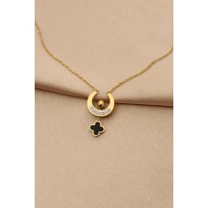 Çelik Altın Renk Minimal Siyah Yonca Tasarımlı Zirkon Taşlı Kadın Kolye Çelik Altın Renk Minimal Siyah Yonca Tasarımlı Zirkon Taşlı Kadın Kolye