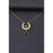 Çelik Altın Renk Zirkon Taşlı Mineli Yonca Tasarımlı Kadın Kolye Çelik Altın Renk Zirkon Taşlı Mineli Yonca Tasarımlı Kadın Kolye