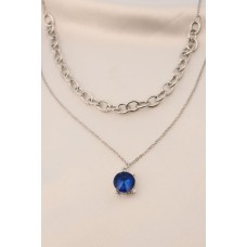 Gümüş Renk Metal Çift Zincirli Mavi Taşlı Kolye Gümüş Renk Metal Çift Zincirli Mavi Taşlı Kolye