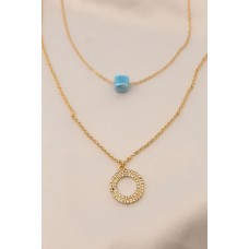Gold Renk Metal Çift Zincirli Mavi Taşlı Kolye Gold Renk Metal Çift Zincirli Mavi Taşlı Kolye