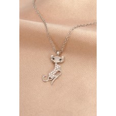 Gümüş Renk Metal Zirkon Taşlı Kedi Kolye Gümüş Renk Metal Zirkon Taşlı Kedi Kolye