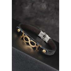 Gold Renk Sonsuzluk Figürlü Çelik Aksesuarlı Siyah Deri Erkek Bileklik